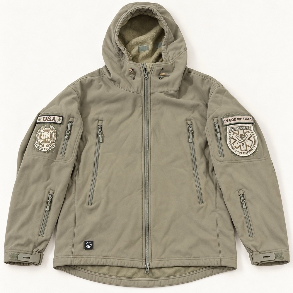 Men's 2XL Tactical Softshell Jacket Fleece Lined Hooded Multi Pocket Patches